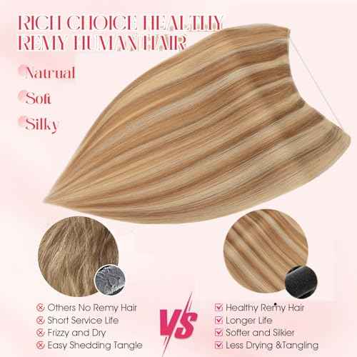 Rich Choices Halo Hair Extensions Real Human Hair Remy Hairs Halo Extension for Women Invisible Wire One Piece Clip in Hairpiece 16 Inch Straight-#12P613 Golden Brown Highlight Bleach Blonde