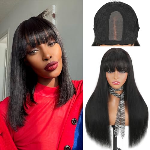 Human Hair Lace Front Wig, 200% Density Brazilian Virgin Hair, Natural Black, Straight Style with Bangs, 2x4 Lace Closure Wig Glueless Design for Women(12 Inch)