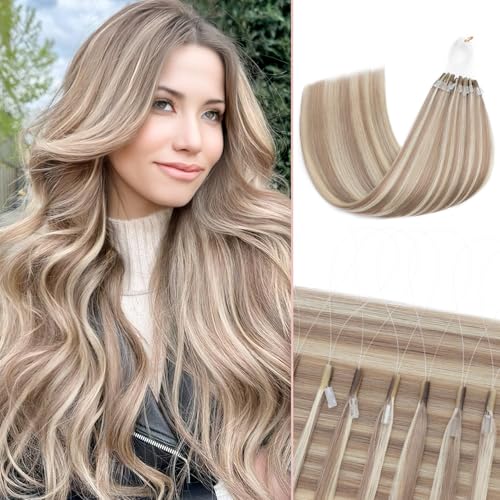 50pcs U Tip Hair Extensions Micro Ring Upgraded K Tip Hot Fusion Long Straight Keratin Hair Extensions,20inch Gold Brown mixed Bleach Blonde,50g