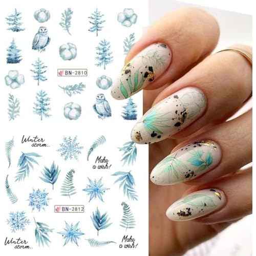 Christmas Water Transfer Nail Stickers - Blue Winter Snowflake Watermark Decals, Xmas Elk Bear Design for Holiday Nail Art Supplies and Accessories