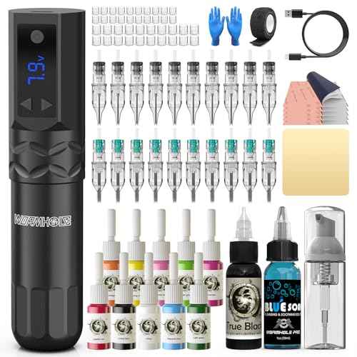 Wormhole Tattoo Kit Wireless Tattoo Gun Kit 20 Pcs Cartridge Needles Professional Tattoo Machine Kit Tattoo Practice Pen for Beginners Rotary Tattoo Machines WTK375