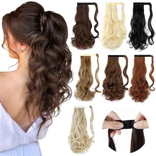 FELENDY 18" Ponytail Extension Curly Wavy Clip in Hairpiece Wrap Around Long Pony Tails Hair Extensions Synthetic for Women Medium Brown