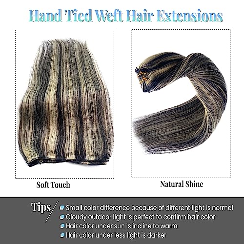 Sew in Hair Extensions Real Human Hair, 20 Inch 100G Weft Hair Extensions Human Hair Bundles Natural Black to Blonde Highlights Hair Extensions Real Human Hair Weft Weave Bundles for Women