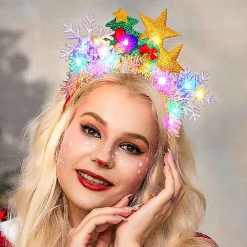 JEAIRTS Light Up Christmas Snowflake Headbands Led Christmas Tree Hair Band Light Up Star Xmas Headpiece Glowing Holiday Hair Accessories for Women
