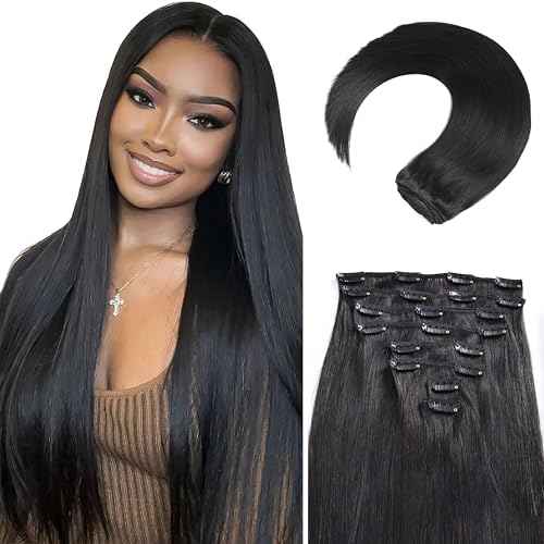 Clip in Hair Extensions Real Human Hair, 20 Inch 105g/3.7oz, 1B Natural Black, Invisible Seamless Straight Remy Human Hair Clip in Extensions for Women 8pcs Per Set with Double Weft