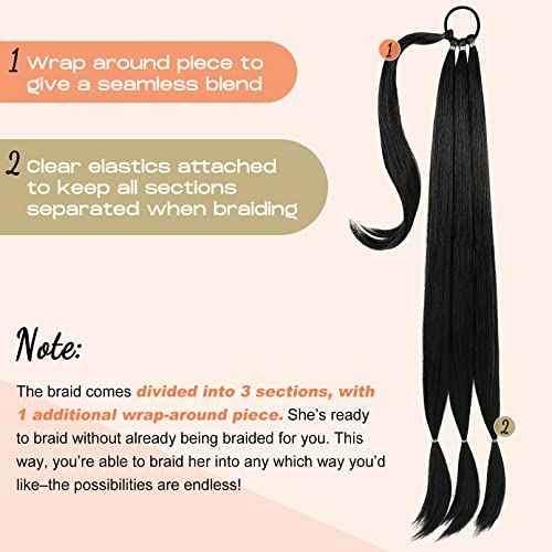 SEIKEA Long Braided Ponytail Extension with Hair Tie Straight Wrap Around Hair Extensions Ponytail Natural Soft Synthetic Hair Piece for Women Daily Wear 34 Inch 150 Gram Black