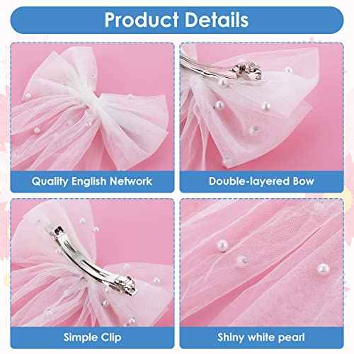 Bridal Pearl Hair Bow Veil Bridesmaid Large Hair Bow Wedding Veil with Barrette Bachelorette Party Decorations Bridal Bridesmaid Gift (White)