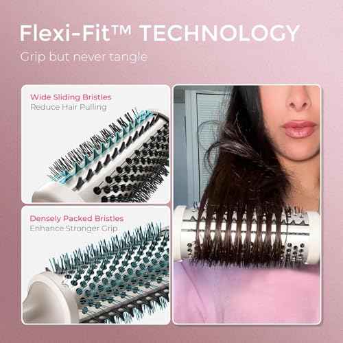 TYMO 2.0 Thermal Brush Curling Brush - STYLUX 1.7" Blowout Volumizer with Flexi-Fit for Hair Straightening, Heated Round Styler Tool, Hair Straightener and Curler 2 in 1, Dual Voltage & Light, Gold