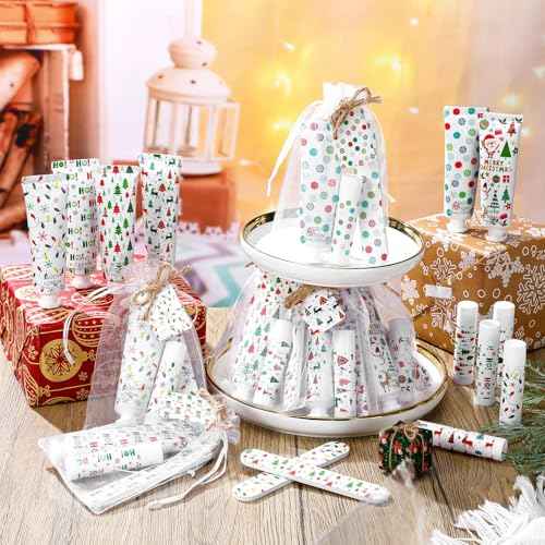 24 Sets/144 Pcs Christmas Party Favors Christmas Hand Cream Body Lotion Lip Balm Nail File Gifts Set Xmas Stocking Stuffers Travel Size Lotion Bulk Holiday Party Supplies for Coworkers Women Adults