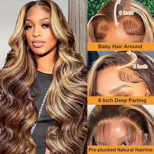 Highlight Ombre Lace Front Wigs Human Hair 13x6 Body Wave Frontal Wigs Pre Plucked With Baby Hair 180% Density 4/27 Colored Honey Blonde Wig Human Hair for Women 24 Inch