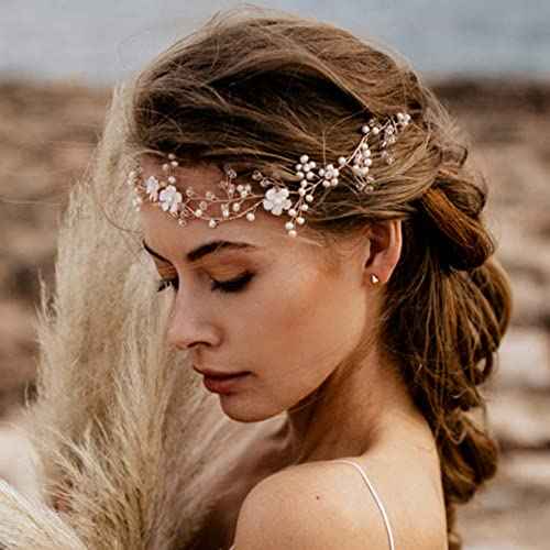 Teyglen Bridal Flower Pearl Headband Hair Vine Gold Silver Rhinestones Headpieces for Wedding Party Prom Vintage Hair Pieces Hair Accessories Jewelry for Women Bride (Gold)