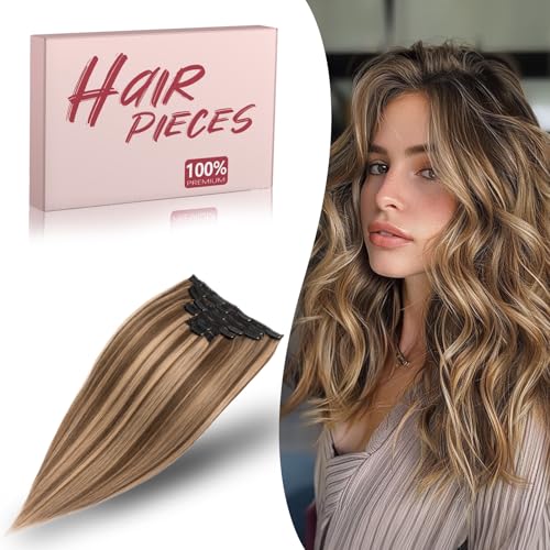 Remy Hair Extensions Clip in Human Hair 16 Inch Clip in Extensions Real Human Hair Straight Real Hair Extensions Clip in Human Hair 110g 7Pcs, Medium Brown Mixed Dark Blonde # 4P27