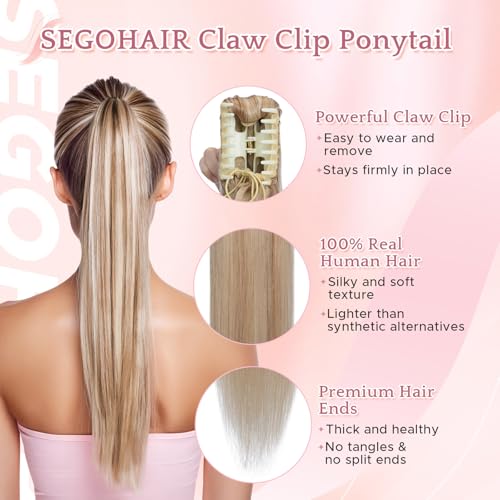 Human Hair Claw Clip Ponytail Extension 100% Real Human Hair Clip-In Extensions for Women Long Straight Pony Tails 14 Inches 105g #18P613 Light Blonde mixed Bleach Blonde