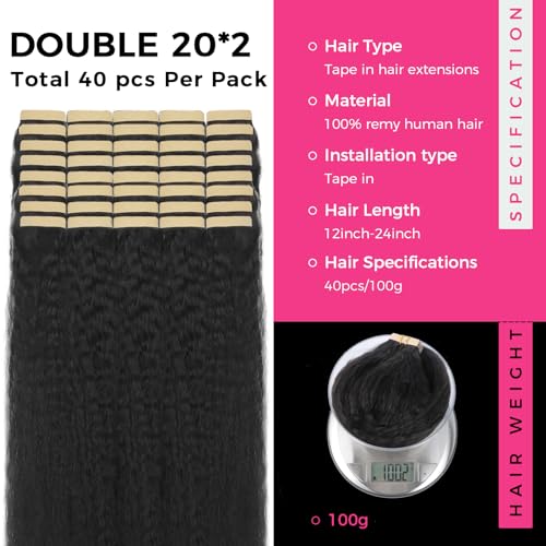 Lashey Tape in Hair Extensions Human Hair for Women 14 Inch Kinky Straight 100g/pack 40pcs Invisible Tape in Hair Extensions Natural Black Real Human Hair