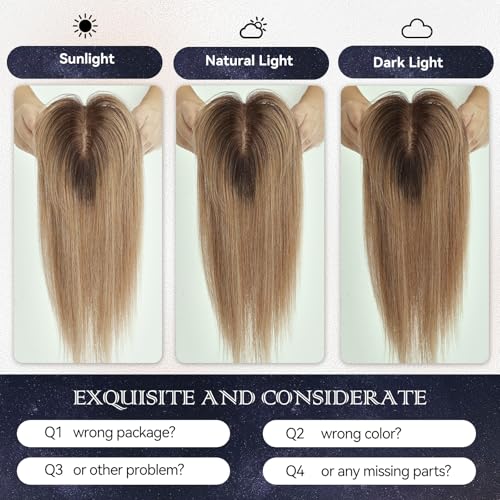 starluck Hair Toppers for Women Real Human Hair with Bangs 4.5"*5.5"Large Base 10 Inch 100% Real Human HairToppers for Women with ThinningHair(ombre Light Brown)