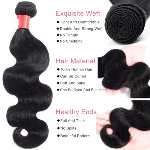 Douyin Brazilian Body Wave 3 Bundles Human Hair 16 18 20 Inch 12A 100% Unprocessed Virgin Human Hair Weave Bundles Deals Natural Black Color (1B Black£¬16 18 20)