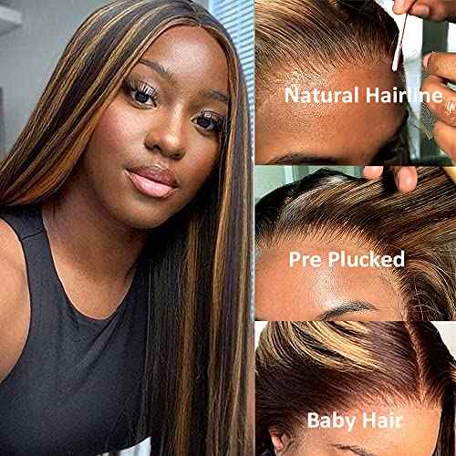 Brown Highlights Pre Plucked Lace Frontal Wigs Real Human Hair Wig Natural Hairline with Baby Hair 18 Inch Thicken Colored Ombre Balayage Brazilian Virgin Human Hair Lace Front Wig with Dark Roots