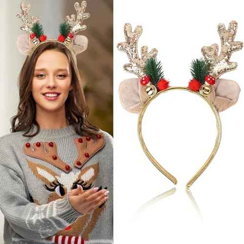 SARATA Christmas Headbands for Women Glitter Powder Bell Hair Hoop Elk Hair Band Reindeer Antlers Headband Women Girls Hair Access Headdress for Party 1PCS (Golden)