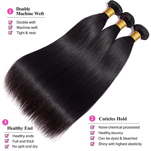 10A Brazilian Straight Human Hair 3 Bundles with Closure 14 16 18+12 Inch 100% Unprocessed Straight Virgin Hair Weave Bundles Human Hair with 4x4 HD Lace Closure