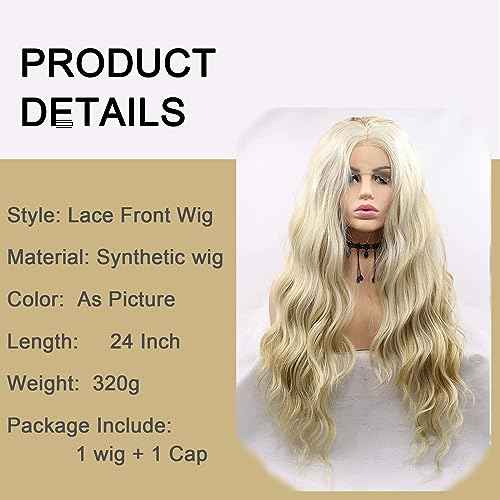613 Lace Wig Blonde Curly Lace Front Wigs Brown Blonde Highlight Long Water Wave Synthetic Lace Front Wig Pre-plucked Hairline Glueless Wigs for Black Women Girls Daily Party 26 Inch