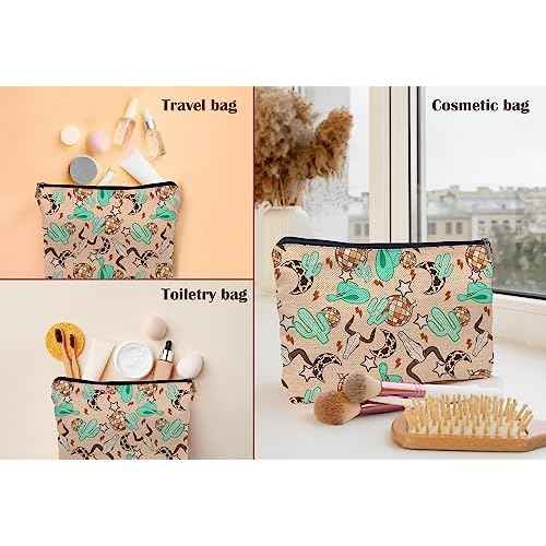 Retro Western Country Turquoise Cowboy Cowgirl Makeup Bag Bull Skull Cactus Disco Ball Makeupbags Cosmetic Bag Zipper Pouch Toiletry Bags,Gifts for Teen Girls Women Western Cowgirl