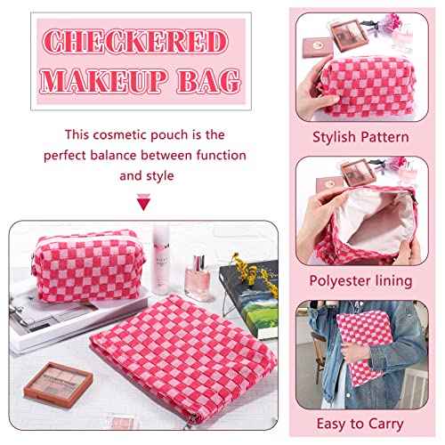 ZLFSRQ 2Pcs Makeup Bag Checkered Cosmetic Bag Set Travel Toiletry Bags for Purse Large Small Makeup Pouch for Women Cute Preppy Pencil Pouch Case Pink Zipper Skincare Bags
