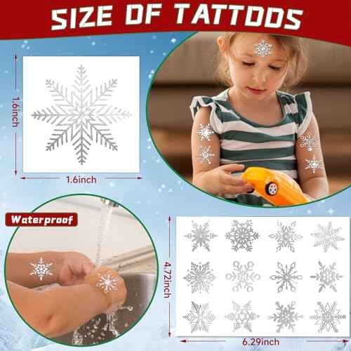JUNEBRUSHS Winter Snowflake Glitter Silver Foil Temporary Tattoos, 120 Pcs Christmas Metallic Tattoo Sticker Decors 12 Styles Face Make up Stocking Stuffers Gift Filler Winter Wonderland Favors