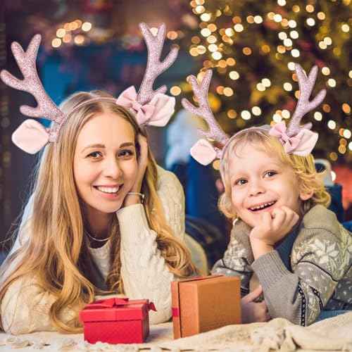 Christmas Headband Reindeer Antlers Headbands for Women Glitter Deer Ears Hair Bands Furry Deer Horn Cute Pink Bow Hair Band Sequin Pink Elk Horn Headwear Xmas Christmas Party Hair Accessories 1Pcs