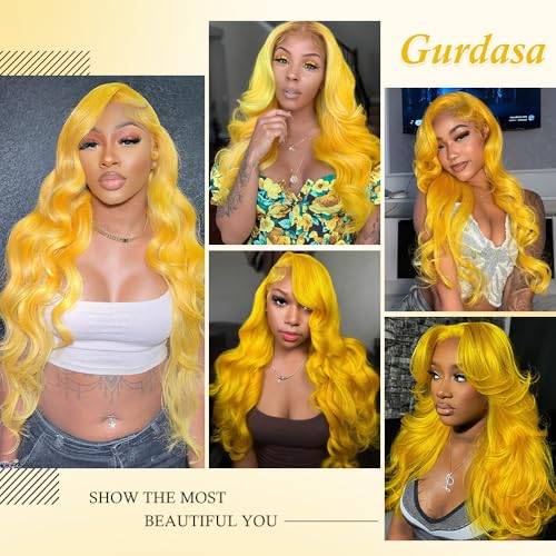 Yellow Wig Human Hair 13x4 Yellow Human Hair Wig 200 Density Body Wave Lace Front Wig Human Hair Colored Lace Front Wigs Pre Plucked HD Frontal Wigs 22 Inch