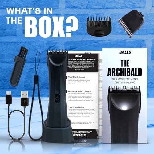 BALLS Trimmer V3 The Archibald - Body & Pubic Hair Shaver for Men - No Cuts, Sacksafe Guard, Rechargeable, 100% Waterproof, Cordless - Wet/Dry with Replaceable Ceramic Blades Archibald Trimmer