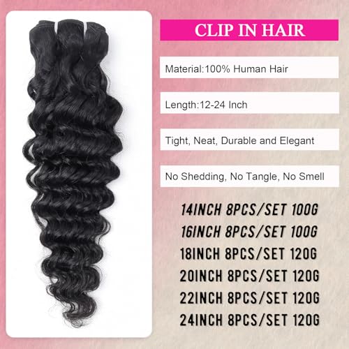 Deep Wave Clip in Hair Extensions Real Human Hair 22 Inch Deep Curly Clip ins for Women Invisible Seamless Remy Human Hair Clips in Extensions 8pcs 120g/4.2oz 20 Clips Double Weft Natural Black