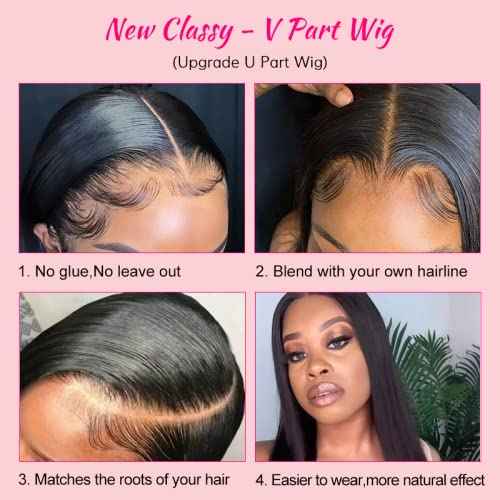 180% Density V Part Wig Human Hair with Drawstring Straight Brazilian Virgin Glueless Wig Human Hair for Black Women Upgrade U Part Wigs Full Head Clip In Half Wig No Leave Out Natural Color 8 Inch