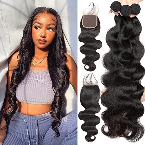 Body Wave Bundles with Closure (12 14 16+10£¬Free Part) Brazilian Virgin Hair Weave Bundles with Lace Closure Body Wave Human Hair Bundles and Closure Hair Weft Natural Color for Black Women