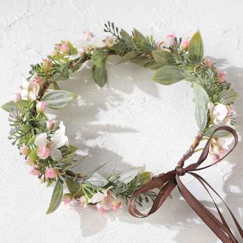 Pink Flower Crown Headband - Handmade Fairy Floral Headbands Green Leaf Flower Headpiece for Women Girls Bridal Renaissance Hair Accessories Birthday Vacation Festival Party Headwear