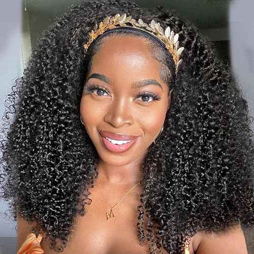 XSY Headband Wig Human Hair Kinky Curly 20 Inch Headband Wigs for Black Women Deep Curly Human Hair Wigs None Lace Front Wig 150% Density Natural Black Color