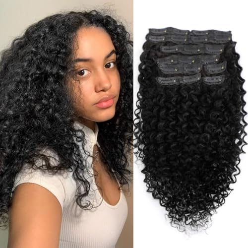 3C 4A Curly Clip In Hair Extension Real Human Hair 24 Inch Kinky Curly Clip in Hair Extensions Real Human Hair Brazilian Remy Human Hair Extensions Double Weft 8Pcs 110g Natural Black