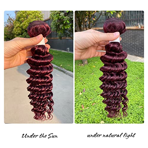 REMY HAIR Brazilian Deep Wave Bundles 100% Human Hair Extensions Red Color 1 Bundle Deep Curly Unprocessed Virgin Human Hair Weave Extensions Dark Burgundy 22 Inch