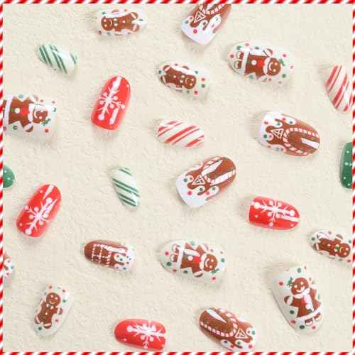 Christmas Press On Nails Short Almond Fake Nails White Brown False Nails With Snowflake Gingerbread Man Design Glue On Nails Full Acrylic Stick On Nails Xmas Artificial Nails For Women 24Pcs