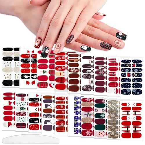 WOKOTO 20Pcs Christmas Nail Polish Stickers Full Wraps Gel Strips for Women Girls Art Christmas Father Elk Holiday Stick On Nails