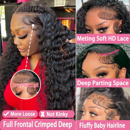 250 Density Deep Wave Lace Front Wigs Human Hair Curly Wig Wet and Wavy Lace Front Wigs Pre Plucked Frontal Wigs 22 Inch 100% Real Human Hair No Synthetic No Tangle No Shedding Triple Lifespan 3X