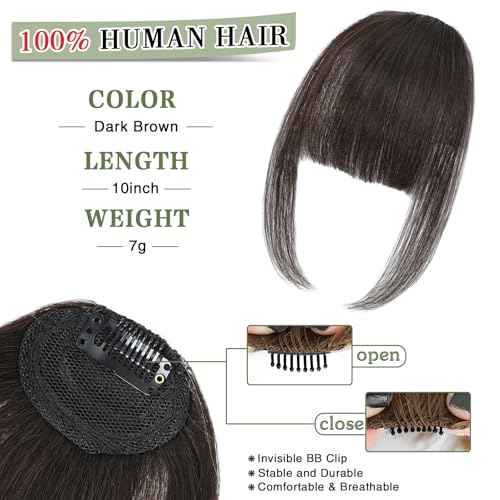 Clip in Bangs for Women - 100% Real Human Hair Wispy Bangs Hair Clip with Temples Hairpieces Fake Bangs for Daily Wear (Dark Brown, Wispy Bangs)