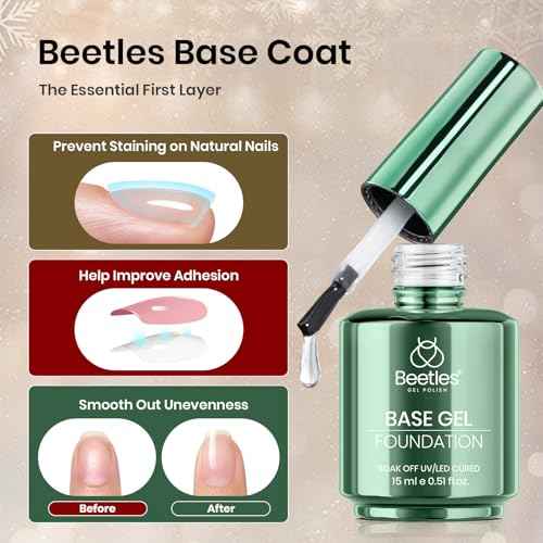 Beetles No Wipe Gel Top Coat and Base Coat Set, 2 Pcs 15ml Top Coat Gel Nail Polish & Gel Base Shine Finish Long Lasting, Soak Off LED Lamp Nail Art Design Manicure Gifts for Women Christmas Limited