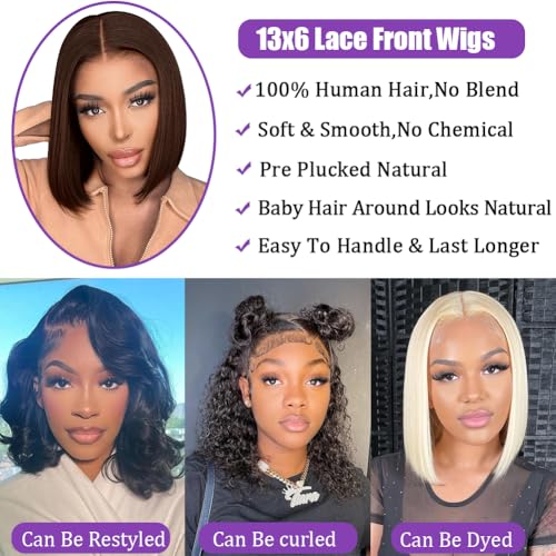 #4 Brown Bob Lace Front Wigs Human Hair Straight HD Transparent Brown Bob Wig Human Hair Wear and Go Glueless Wig Pre Plucked Short Bob Wigs For Black Women 14inch