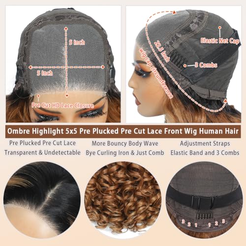 1B/30 Lace Front Wigs Human Hair Highlight Ombre 5x5 Pre Cut Lace Frontal Wig Human Hair Dark Root to Brown 5x5 HD Lace Closure Wigs Glueless Bouncy Body Wave Lace Frontal Wigs 180 Density 16 Inch