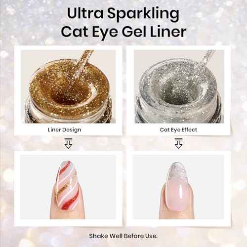 Beetles Nail Art Polish- 2 Colors Cat Eye Liner Gel Polish Gold Sliver Glitter Gel Nail polish Soak Off UV Built Thin Nail Brush in Bottle Gifts for Women