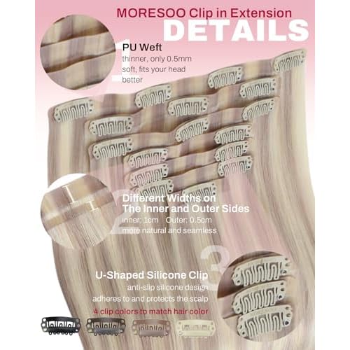 Moresoo Seamless Clip in Hair Extensions Human Hair Blonde Highlight Remy PU Weft Human Hair Clip in Extensions for Women Cool Ash Brown with Bleach Blonde with A Hint of Pink 7pcs 120g 20Inch