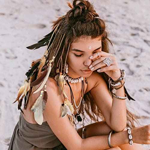 Geyoga 12 Pcs Feather Hair Clip Boho Hair Extensions with Feather Clip Comb Hippie DIY Accessories Hairpin Tribal Braided Beads Headdress for Women(Brown, Dark Brown,Stylish)
