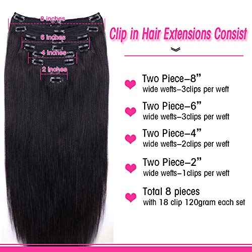 Straight Human Hair Clip in Hair Extensions for Women 100% Unprocessed Full Head Brazilian Virgin Hair Natural Black Color,8/Pcs with 18Clips,120 Gram (16inch, Straight hair)