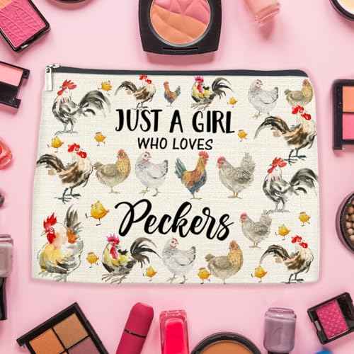 Chicken Gifts for Chicken Lovers Girls, Chicken Lady Gift, Peckers Lovers Gifts Makeup Bag for Sister Daughter Granddaughter Bestie, Just a Girl Who Loves Peckers Cosmetic Bag Makeup Pouch