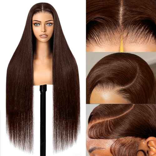 Chocolate Brown Lace Front Wigs Human Hair Pre Plucked 26 Inch Dark Brown Wear And Go Glueless Wig 9x6 Straight Wig Human Hair 220% Density Colored #4 Brown Glueless Hd Lace Frontal Wigs For Women